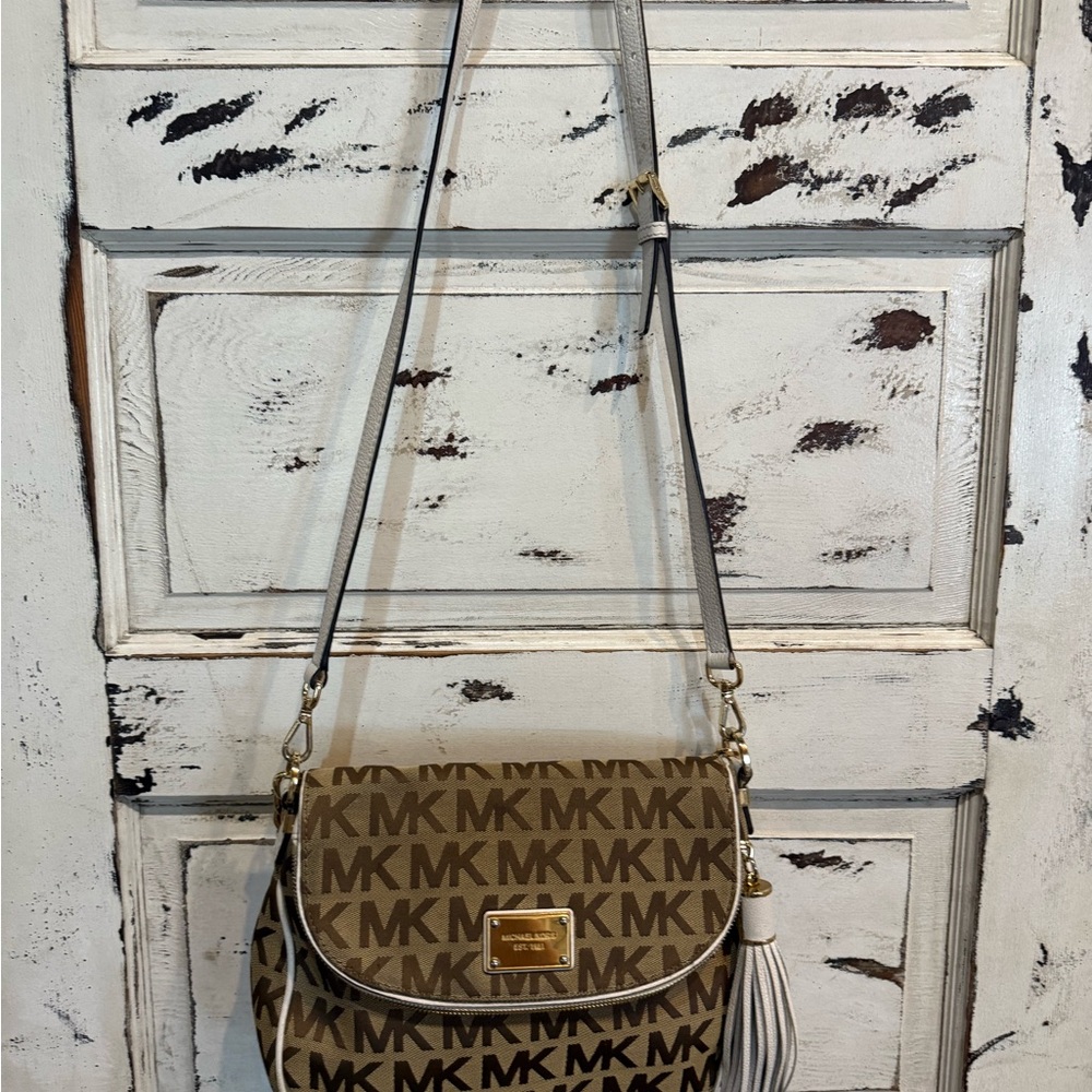 Michael Kors Brown Tan & White Crossbody Bag Purse